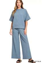 Zenana dusty blue ribbed round neck tee and wide-leg pants set