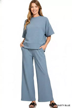 Zenana dusty blue ribbed round neck tee and wide-leg pants set