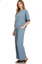 Zenana ribbed round neck tee and pants set in soft blue loungewear
