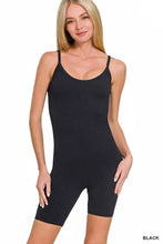 Black ribbed seamless bodysuit with thin straps and bike shorts from zenana for comfortable activewear