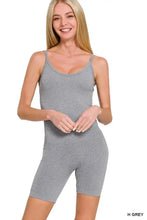 Gray ribbed seamless bodysuit with thin straps and bike shorts from Zenana in a ribbed knit fabric