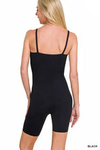 Black ribbed seamless bodysuit with spaghetti straps and bike shorts length by zenana ribbed seamless bodysuit
