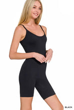 Black zenana ribbed seamless bodysuit with thin spaghetti straps and bike shorts in a seamless ribbed design