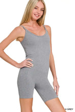Gray ribbed seamless bodysuit with thin straps and bike shorts in a ribbed knit design by zenana
