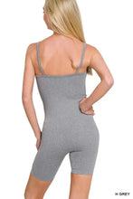 A sleek heather gray ribbed seamless bodysuit with thin straps and bike shorts cut by Zenana