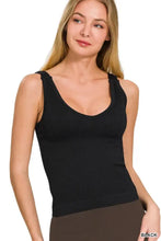 Black ribbed seamless bra padded tank top with scoop neckline and thin straps by Zenana in ribbed knit material