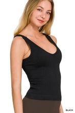 Black ribbed seamless bra padded tank top with v-neckline and adjustable straps by zenana
