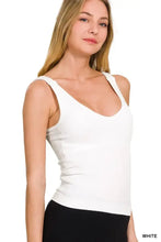 White ribbed seamless bra tank top with thin straps scoop neckline and padded v-neck design by zenana