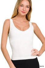 White ribbed seamless bra padded tank top with scoop neckline made from knit fabric for comfortable wear