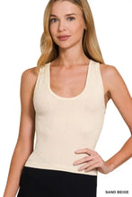 Sand beige ribbed seamless crop tank top by zenana made of ribbed knit fabric for comfortable casual wear