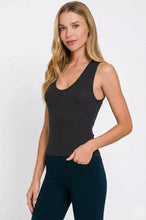 Black zenana ribbed seamless crop tank with scoop neckline and cutout shoulder details in ribbed knit fabric