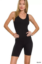 Zenana ribbed seamless sports romper with black scoop neck bodysuit and bike shorts hem