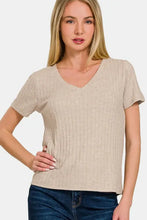 Zenana ribbed short sleeve V-neck beige knit top for women