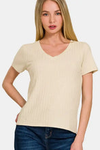 Zenana ribbed short sleeve t-shirt in cream V-neck with ribbed texture