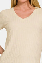 Zenana Ribbed Short Sleeve T-Shirt in cream V-neck with ribbed texture