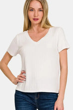 Zenana ribbed short sleeve t-shirt with ribbed texture on woman in jeans