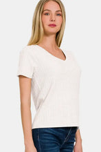 Woman in Zenana ribbed short sleeve V-neck T-shirt with ribbed texture