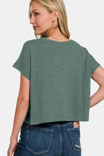 Zenana round neck short sleeve crop t-shirt in dark green textured fabric