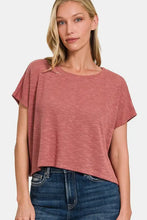 Zenana round neck short sleeve t-shirt in reddish-brown crop top with blue jeans