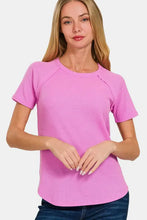 Zenana round short sleeve waffle t-shirt in bright pink
