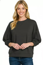 Black zenana scuba dolman sleeve sweatshirt with oversized fit puffed sleeves and ribbed cuffs in scuba material