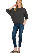Dark gray scuba dolman sleeve sweatshirt by zenana featuring oversized balloon sleeves and a relaxed fit