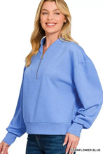 Cornflower blue zenana scuba half zip sweatshirt with drop shoulder and ribbed cuffs and hem for casual wear