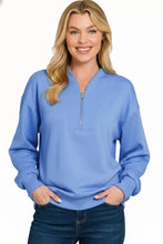 Light blue zenana scuba half zip drop shoulder sweatshirt made of soft fleece with ribbed cuffs and hem