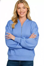 Light blue soft fleece zenana scuba half zip sweatshirt with drop shoulder and ribbed cuffs and hem