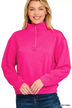 Hot pink Zenana scuba half zip pullover sweatshirt with fleece texture and ribbed cuffs for casual wear