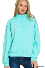 Zenana scuba half zip pullover sweatshirt in mint sky with soft fleece texture and ribbed cuffs