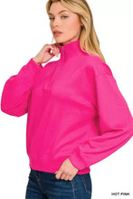 Hot pink Zenana scuba half zip pullover sweatshirt with long sleeves and relaxed fit in soft scuba fabric