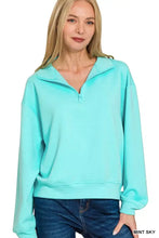 Zenana scuba half zip pullover sweatshirt in mint sky color with soft cozy fabric and ribbed cuffs and hem