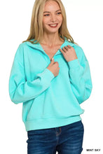 Mint sky colored zenana scuba half zip pullover sweatshirt with ribbed cuffs and hem made from soft scuba fabric