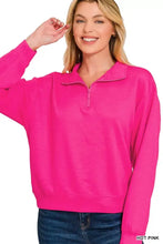 Vibrant hot pink zenana scuba half zip pullover sweatshirt with soft textured fabric and ribbed cuffs