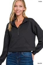 Black Zenana scuba half zip pullover with kangaroo pockets ribbed hem and cuffs in cropped sweatshirt style