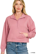 Light rose-colored Zenana scuba half zip pullover with kangaroo pockets soft textured fabric and ribbed cuffs