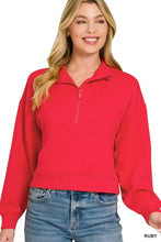 Red zenana scuba half zip pullover made of soft fabric with ribbed hem cuffs and kangaroo pockets