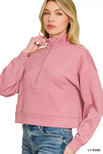 Zenana scuba soft pink cropped sweatshirt with half-zip collar and kangaroo front pockets in scuba material