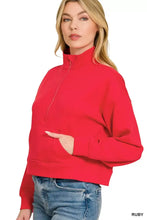Red cropped zenana scuba half zip pullover with kangaroo pockets and ribbed cuffs made from soft fabric