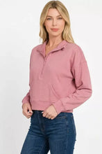 Zenana scuba half zip pullover in soft pink with long sleeves, relaxed fit, and front kangaroo pocket made of scuba material