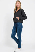 Black zenana scuba half zip pullover sweatshirt with collar and front kangaroo pockets made of soft fabric