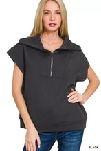 Black zenana scuba half zip top sleeveless hoodie with zipper neckline and relaxed casual fit ideal for pairing tips