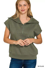 Olive-colored zenana scuba half zip top with hood short sleeves and front zipper in scuba fabric