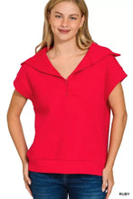A vibrant red slightly stretchy Zenana scuba half zip top with short sleeves, hood, and zipper detail