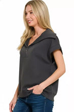 Dark gray zenana scuba half zip top with hood and short sleeves pairing tips included for versatile wear