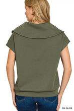 Olive-colored zenana scuba half zip top with soft relaxed fit short sleeves and distinctive wide collar