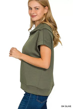Zenana scuba half zip soft dark olive green hooded top with short sleeves and relaxed fit in scuba fabric