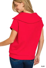 A vibrant red zenana scuba half zip top with short sleeves, a soft hooded neckline, ribbed hem, and slightly stretchy fabric