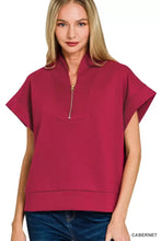 Women’s magenta Zenana scuba high neck half zip top with short sleeves and relaxed fit made from soft scuba fabric